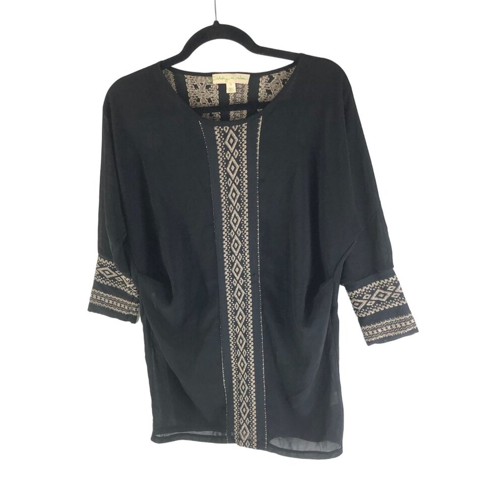 Staring At Stars Black Boho Tunic Top Sheer With Beige Embroidered Details S